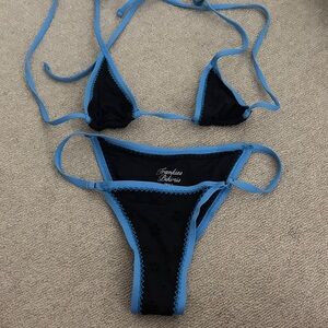 Frankie's Bikinis Black with Sky Blue Trim Triangle Bikini
